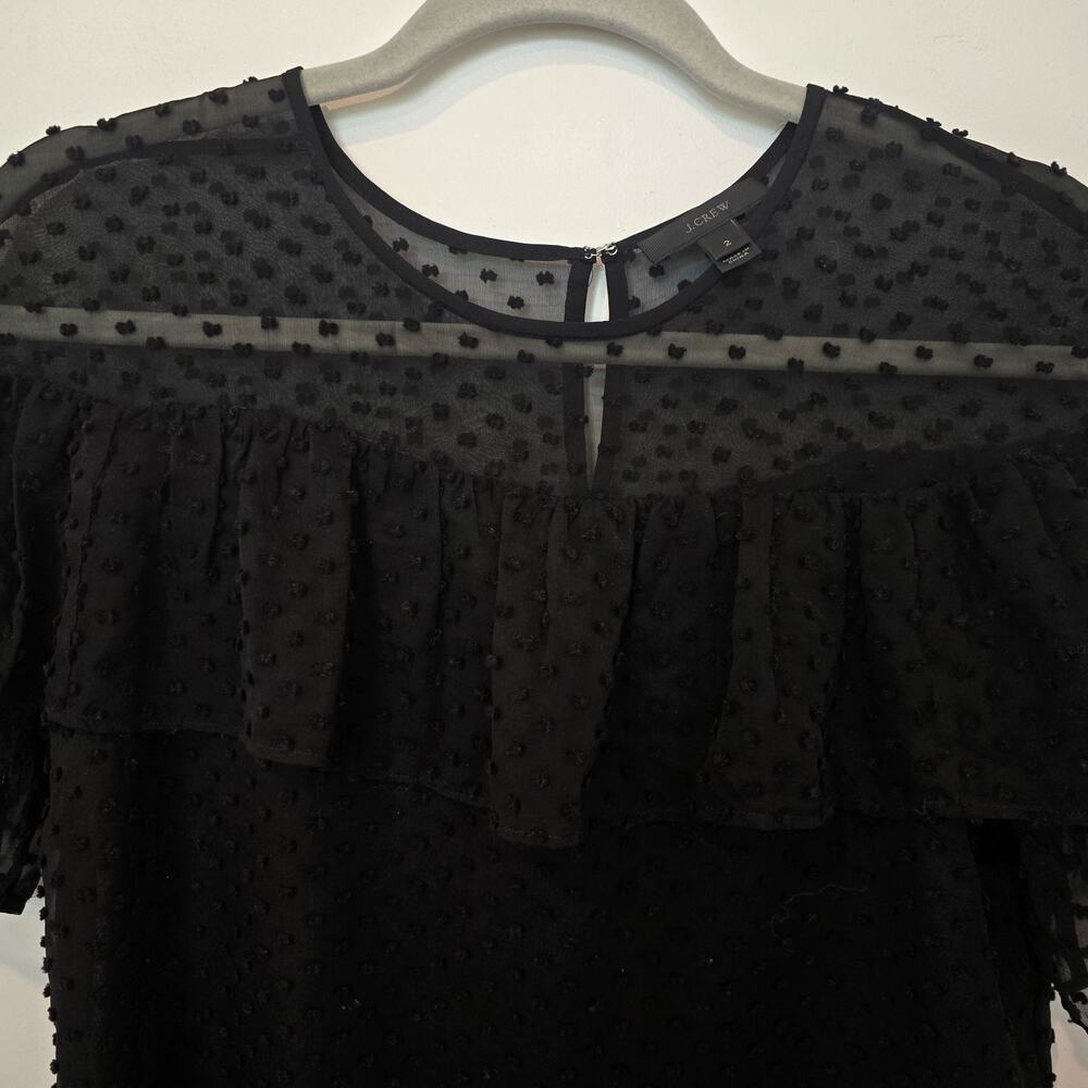 J.Crew Women’s Black Swiss Dot Blouse Silk Blend Short Sleeve Ruffle Size 2 XS - Picture 6 of 11